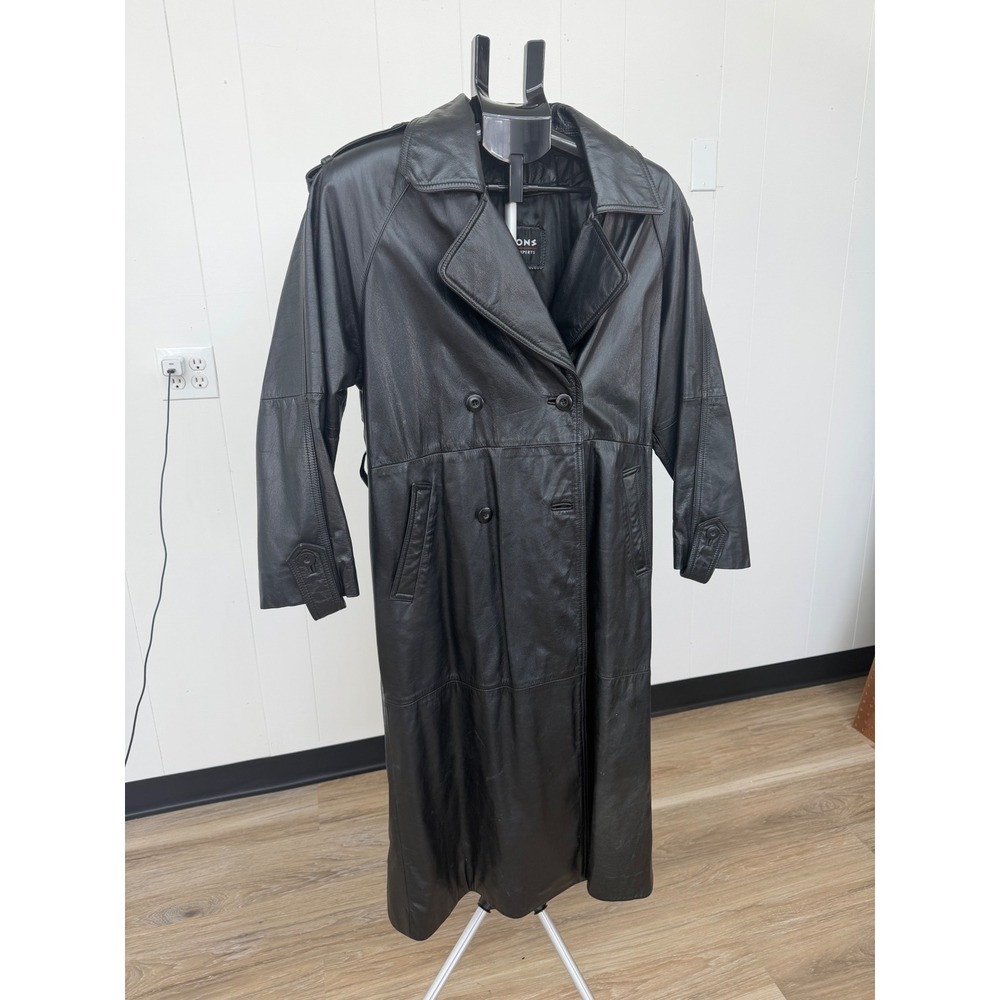 Wilsons Leather Trench Coat Womens PS Black Fair Double Breasted Longline